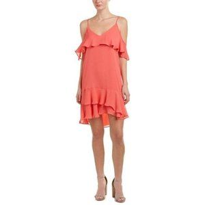 Parker Solid Ruffle Cold Shoulder Slip Dress V Neck Asymmetric Coral M